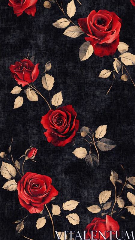 Chromatic Scarlet Roses on Textile Black Ground with Botanical Elements.