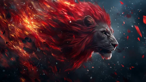 Blazing mane monarch charging through a storm of embers.