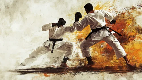 Karate practitioners sparring against abstract paint backdrop.