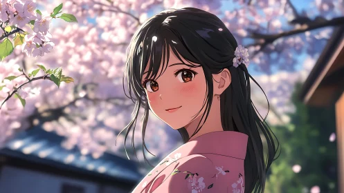 Soft spring smile beneath drifting cherry blossoms.