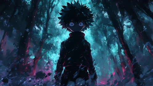 Mysterious child stands in a glowing, haunted midnight forest
