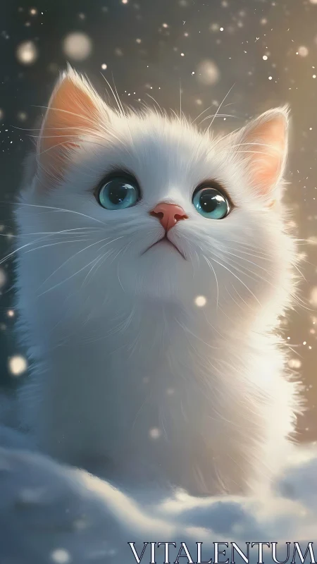 Ethereal White Cat with Turquoise Eyes in Magical Winter Setting.