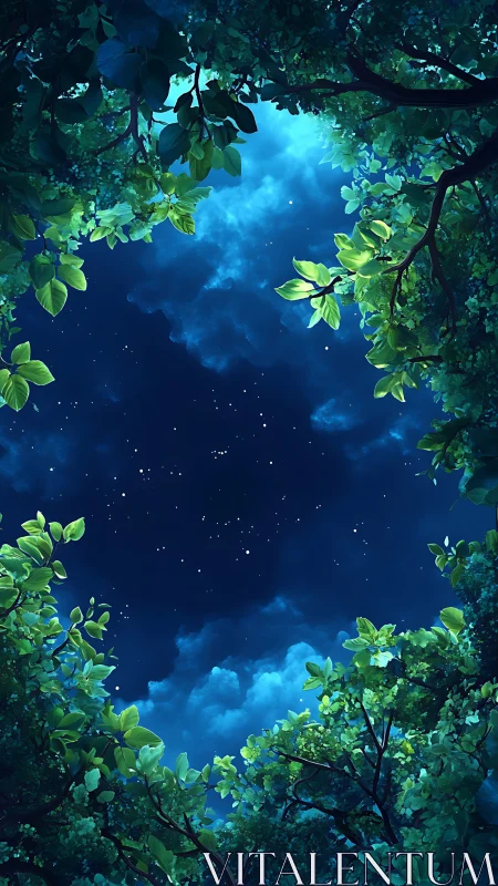 Emerald Canopy Frames Nocturnal Cosmos Dancing Above