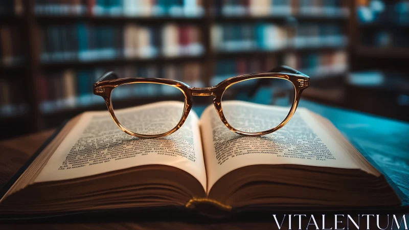 Glasses rest on an open book in a softly lit library evening