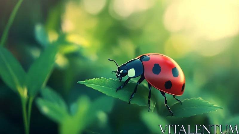 Sunlit ladybug voyage across emerald garden leaves.