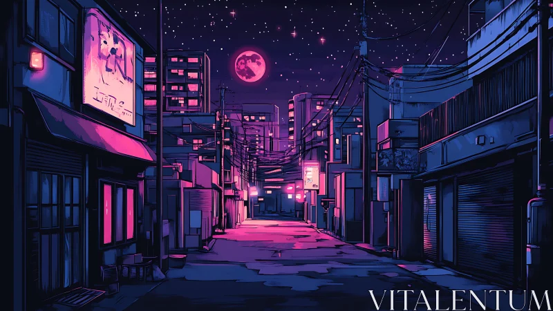 Neon-lit urban alley under magenta moon and starfield.