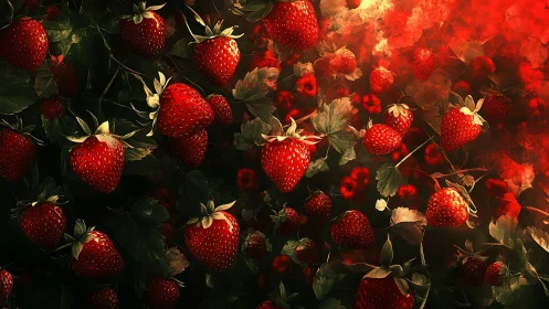 Digital rendering of ripe strawberries with dense foliage.