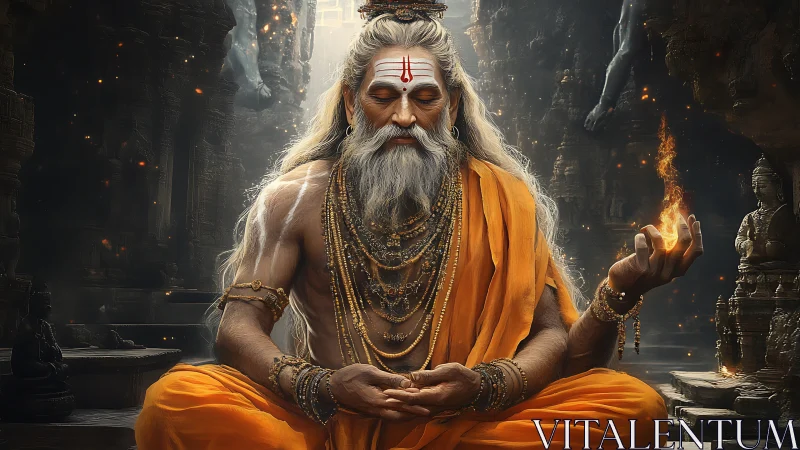 Fire-wreathed sage meditates in an ancient temple’s hush.