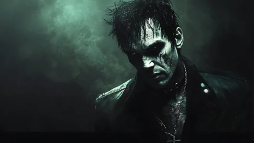Brooding undead antihero framed in toxic green mist