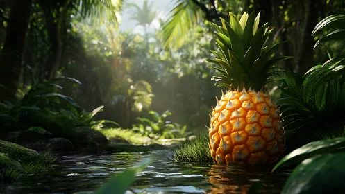 Pineapple positioned beside shallow jungle waterway.