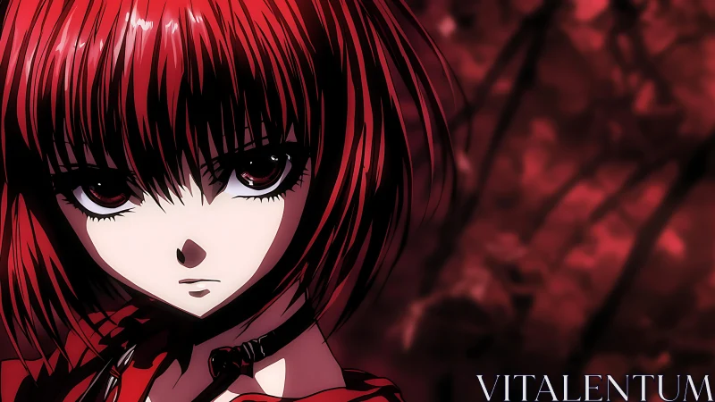 Red-haired anime girl stares intensely in high-contrast lighting