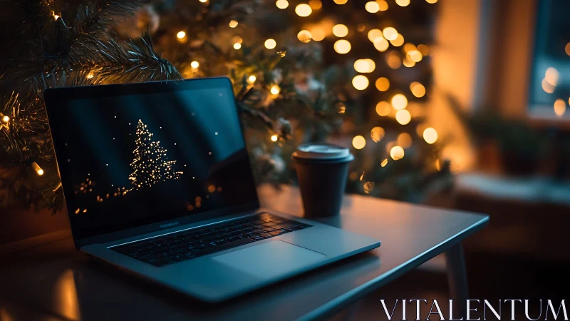 Laptop quietly toasts cocoa-warm code beneath festive lights
