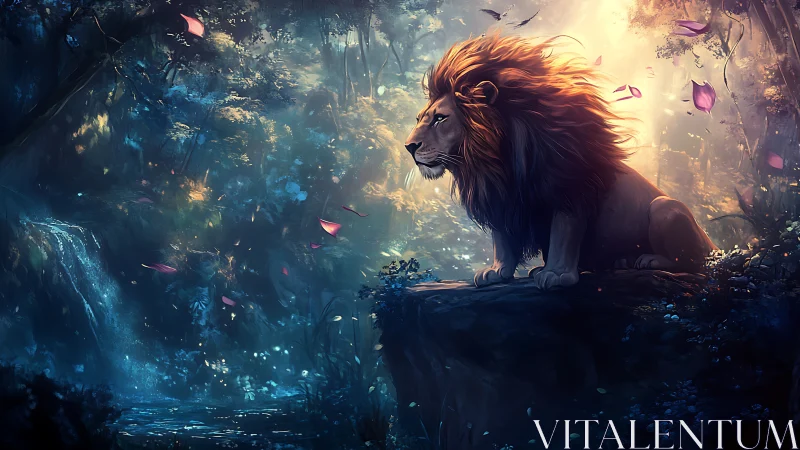 Gentle lion guardian watching over a glowing twilight forest.