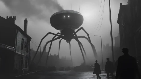 Giant alien tripod looms over foggy city street at dawn