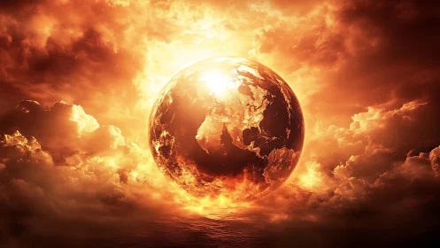 Glowing terrestrial sphere is rendered amid dense luminous clouds