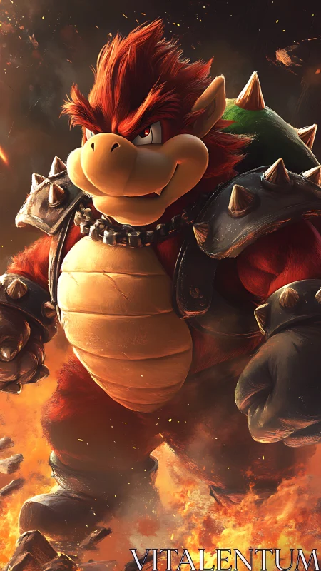 Armored reptilian warlord strides through cinematic inferno