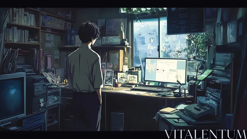Solitary anime coder in cluttered studio bathed in dusk light.