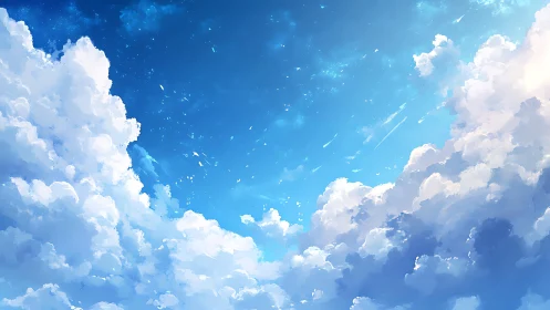 Expansive cumulus skyscape in luminous digital illustration.