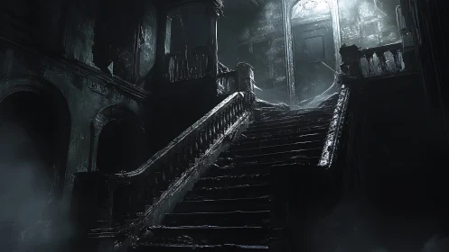 Decaying mansion staircase under cold spectral backlight.