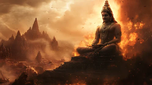 Flame crowned deity meditating above a storm of burning stone.