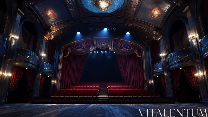 Symmetrical proscenium theatre interior under dramatic rigging.