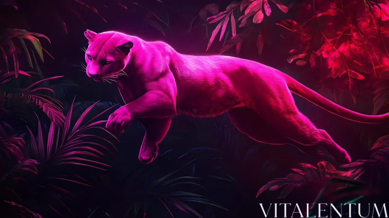 Neon-illuminated feline figure positioned horizontally within dark foliage environment.