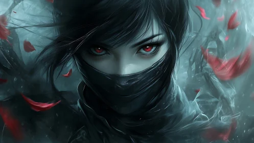 Masked red-eyed warrior in stormy, blue-toned scene.