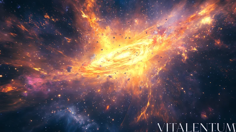 Galactic energy vortex with radiating debris in deep space.