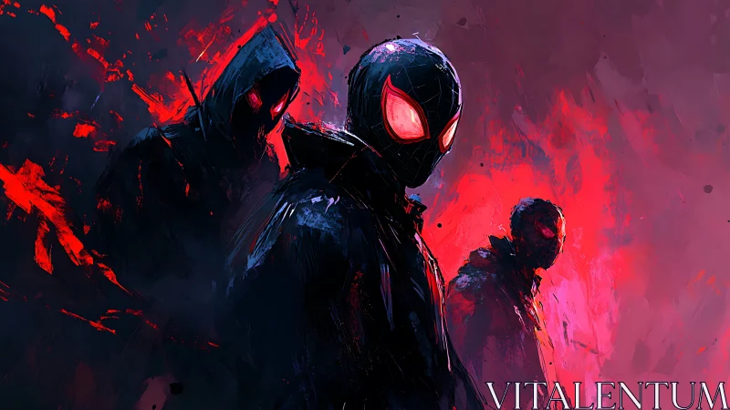 Triadic neon-suited vigilantes in high-contrast chromatic inferno.