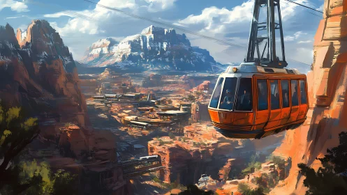 Futuristic canyon cable car glides above stratified desert city