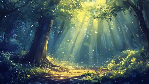 Enchanted Forest Pathway With Golden Sunlight Rays.