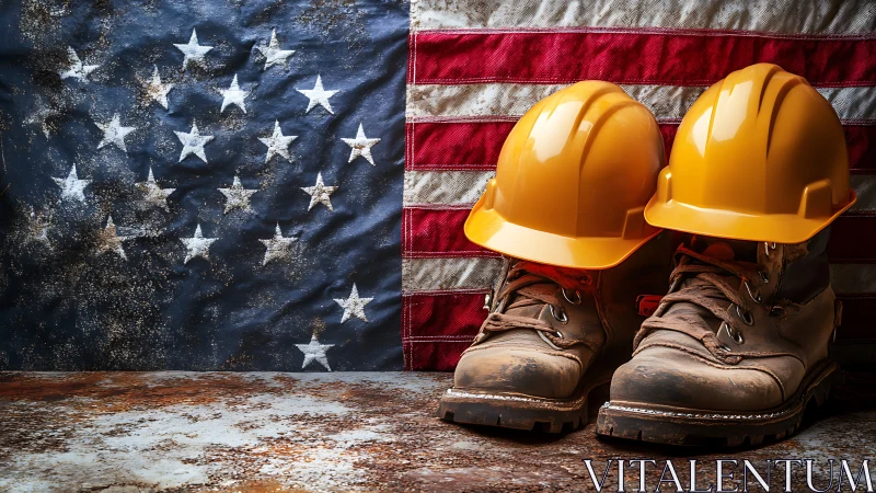 Photorealistic U.S. labor tribute with boots and hardhats foregrounded.