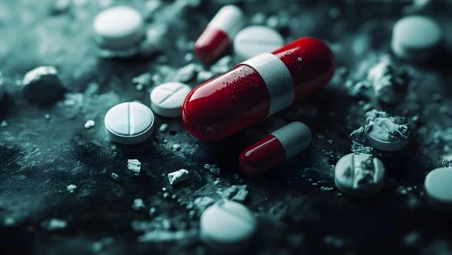 Dramatic close-up of red and white capsules among scattered tablets.