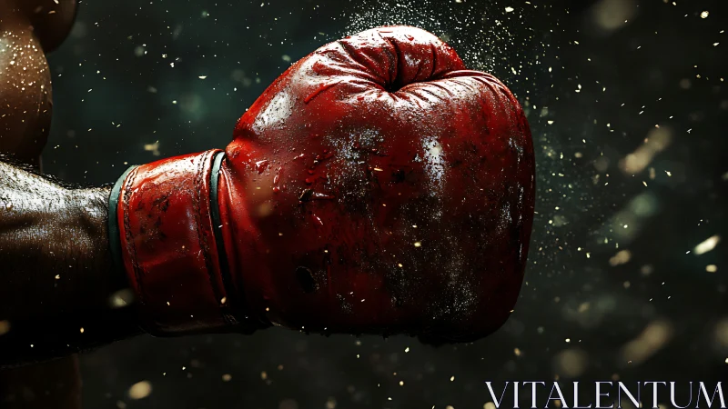 Red Boxing Glove with Dramatic Particle Dispersion Effect.
