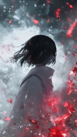 Side-profile silhouette in storm of red particulate shards and fog