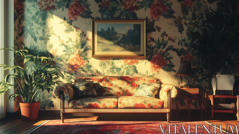 Sunlit floral sofa anchors vintage living room interior