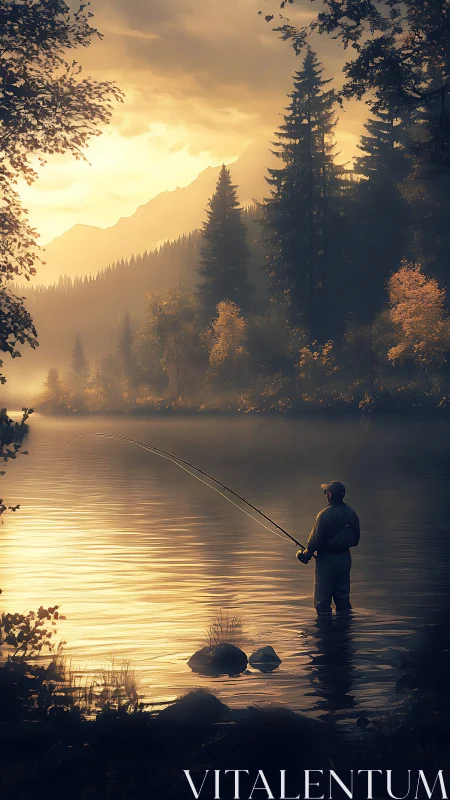 Solitary angler in misty mountain lake at warm sunrise.