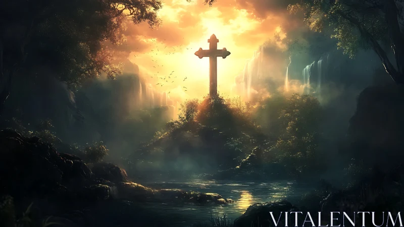 Stone cross on forest hill with backlit waterfalls at dusk.