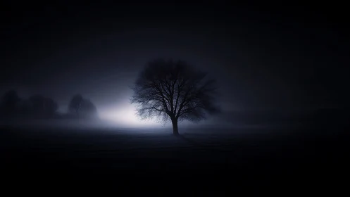 Solitary tree silhouetted in moonlit foggy night field.