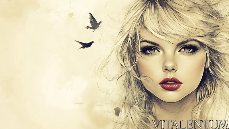 Softly lit portrait of blonde woman with soaring birds.