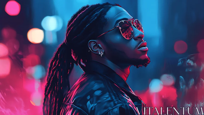 Neon-lit urban portrait renders reflective subject in profile view