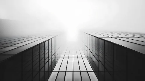 Fogbound glass canyons stretch toward a vanishing horizon.