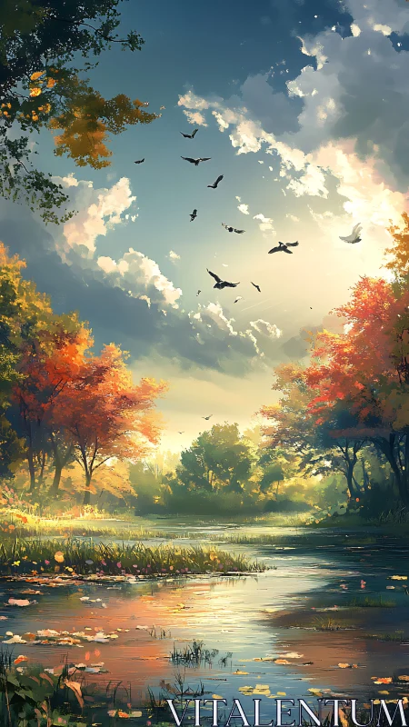 Golden autumn river glows beneath soaring birds at dusk.