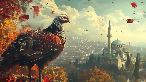 Turkey stands above autumn valley with distant stone mosque