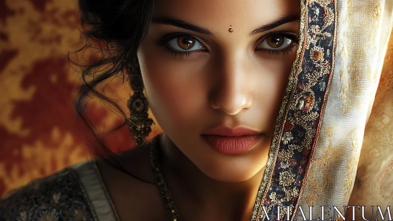 Portrait centers luminous gaze framed by ornate embroidered veil