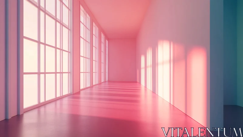 Soft pink daylight floods a minimal glass-walled corridor