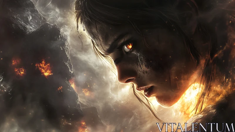 War-scarred heroine emerging from molten ash and flame.