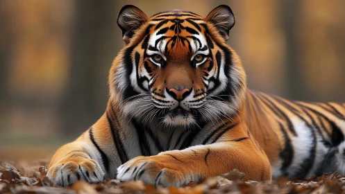Resting tiger on autumn forest floor, calm direct gaze.