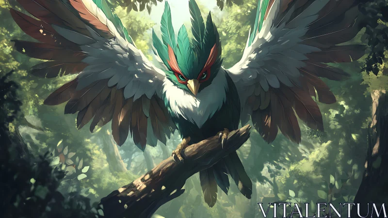 Majestic fantasy bird with vibrant plumage in sunlit forest illustration.