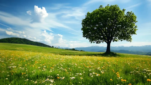 Solitary summer tree above wildflower alpine meadow.